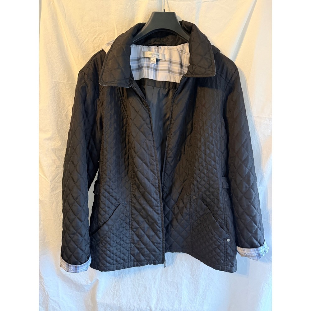 Liz Claiborne New York‎ Black Quilted Jacket Detachable Hood Plaid Trim Size M
